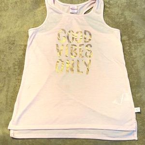 Girls size Large light pink tank top.Says good vibes only in rose gold lettering